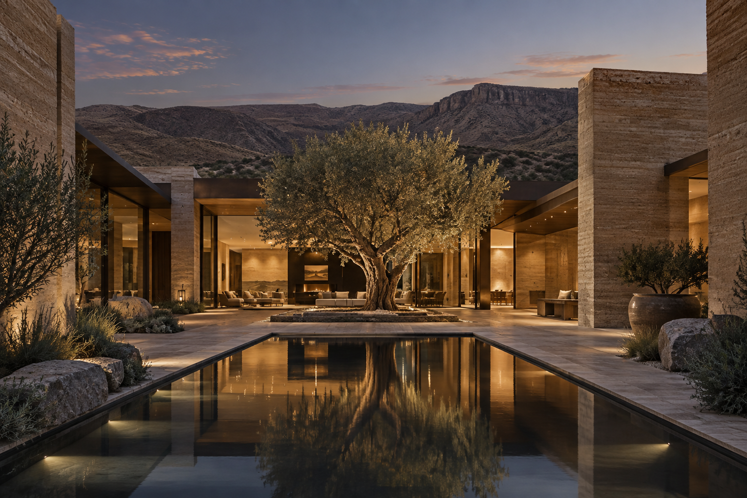 Contemporary desert courtyard residence centered around a mature olive tree